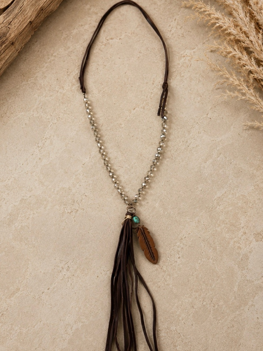 Bohemian Brown Leather Tassel Necklace with Beaded Accents